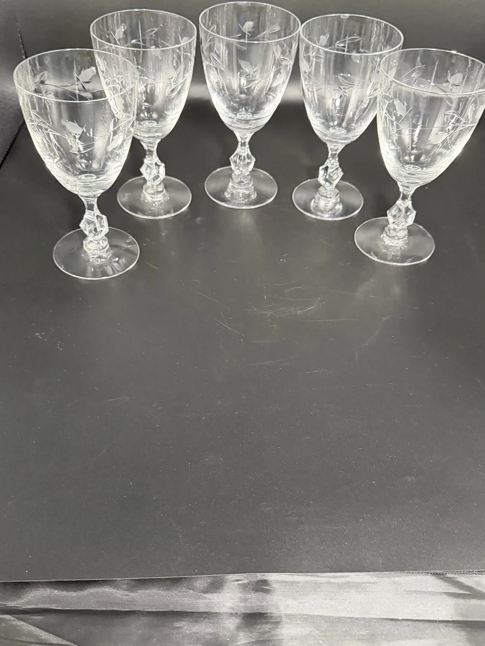 Vintage Etched Crystal Water Goblets  Faceted Stem Set of 5